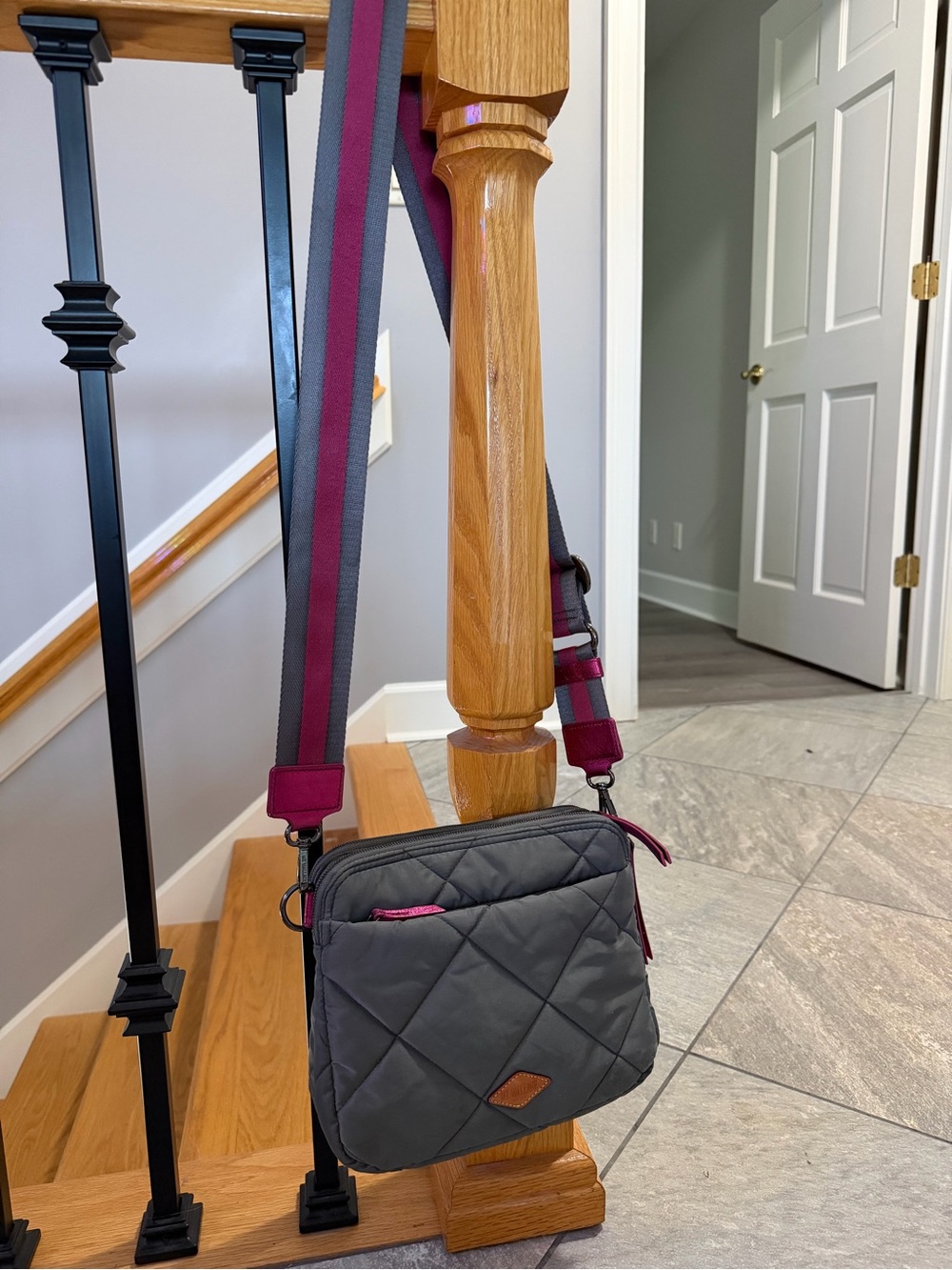 MZ Wallace Quilted Crossbody in Charcoal with Pink Strap